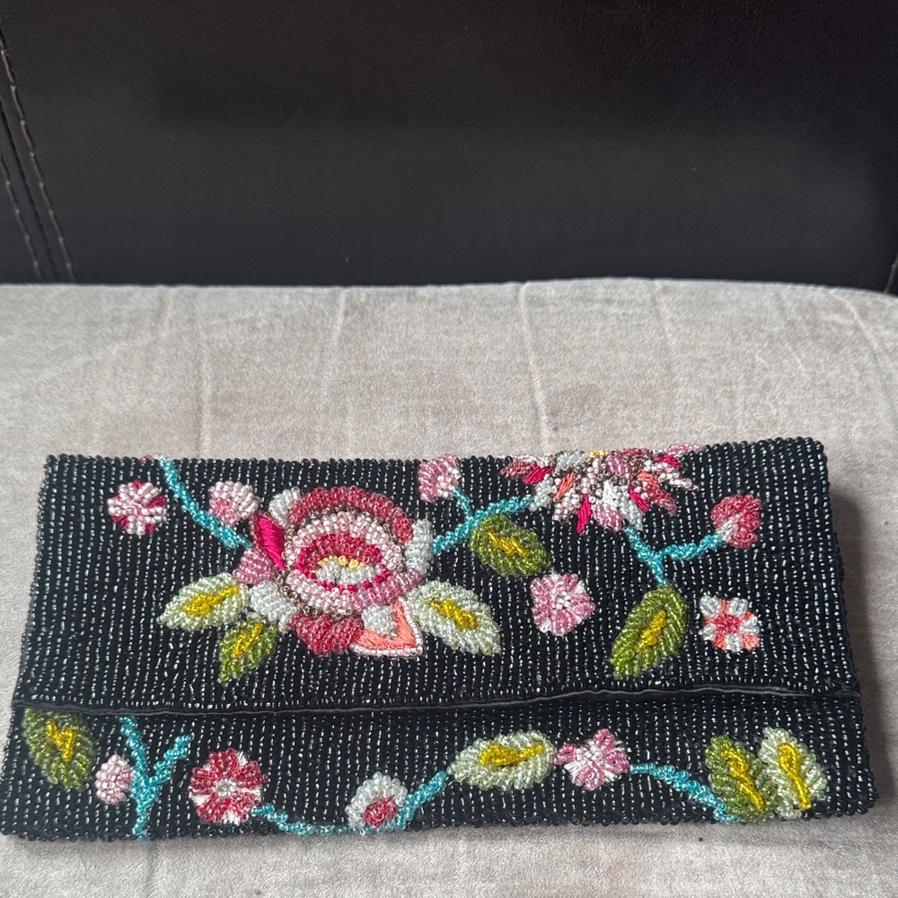 Embroidered Floral Black Clutch